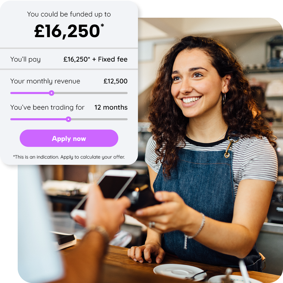 Smiling woman at a counter exchanges a phone with a customer. Overlay shows a funding offer, monthly revenue, and trading duration details.