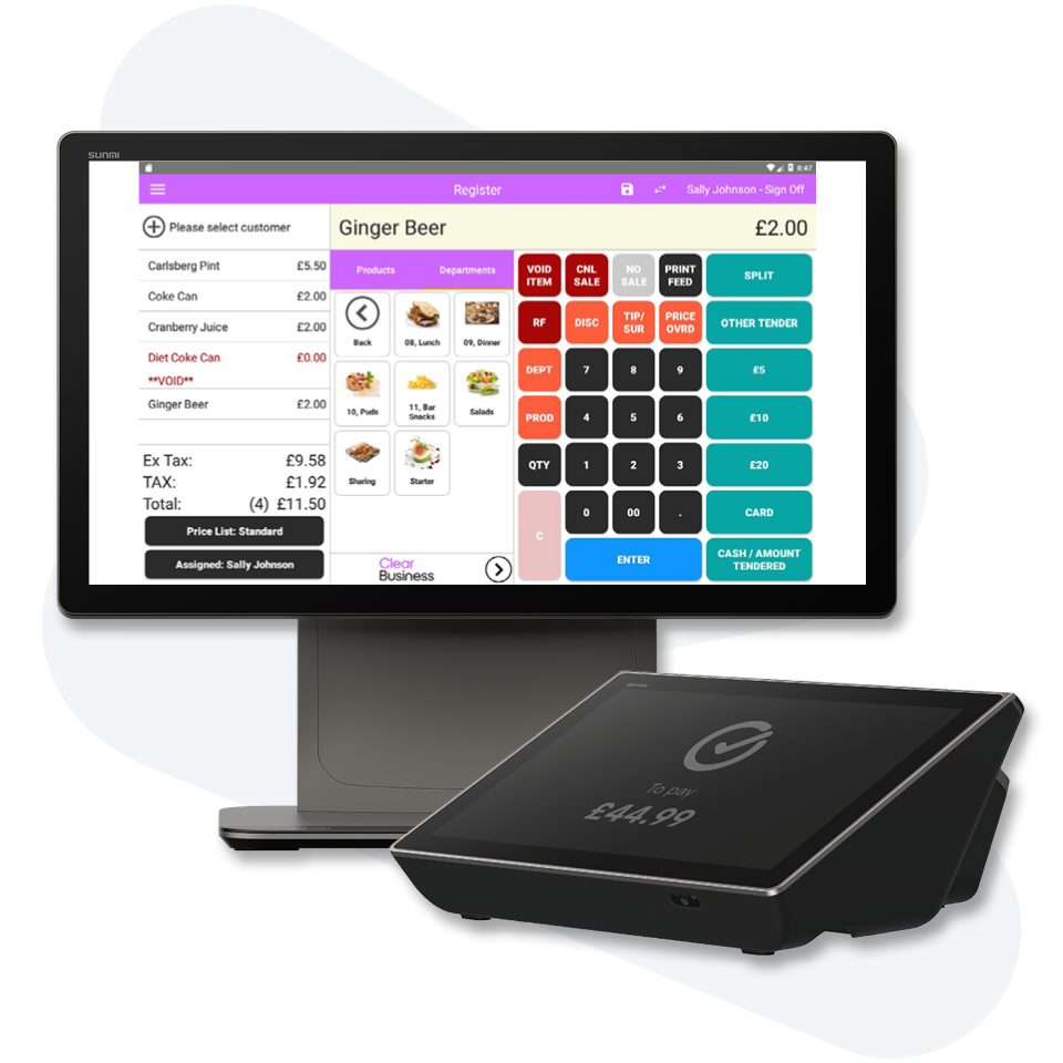 A touchscreen register displaying a digital menu and payment options, with a card reader showing a total of £44.99.