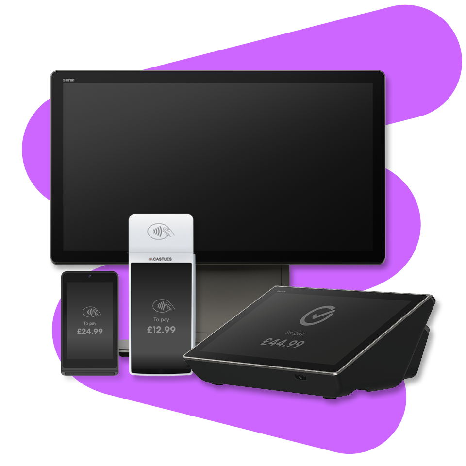 A set of digital payment devices, including a monitor, card reader, tablet, and smartphone, all displaying various payment amounts.