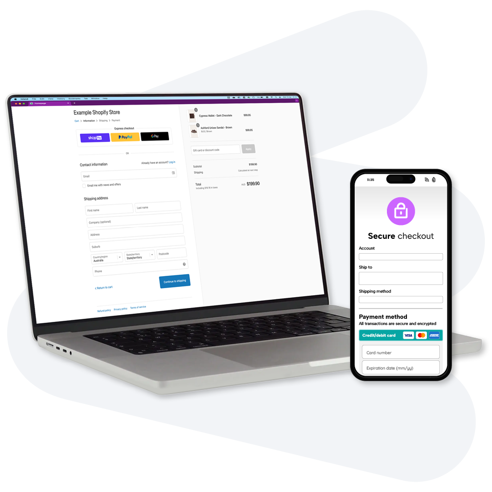 Laptop and smartphone displaying a secure online checkout page with shipping and payment options for a Shopify store.