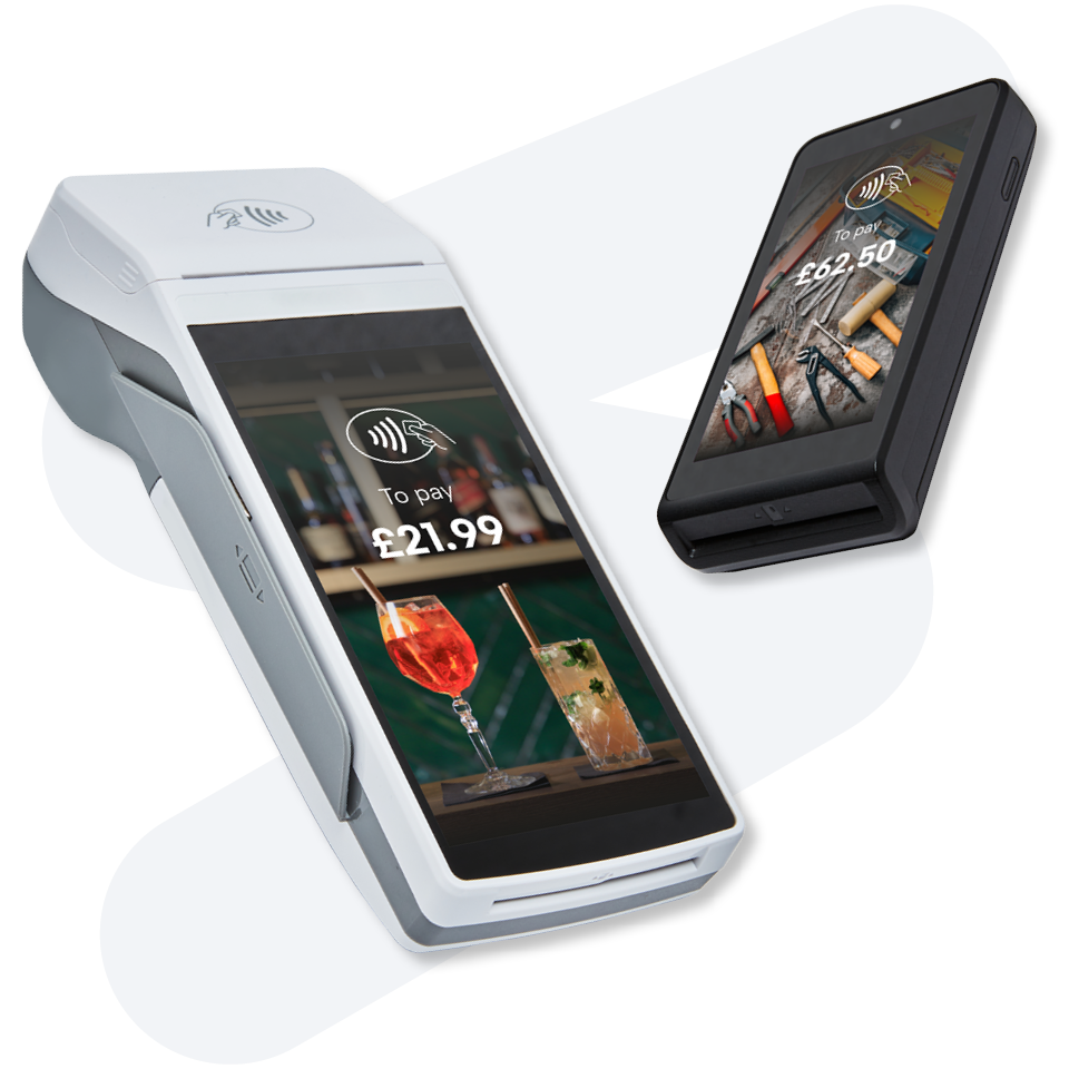 Two digital payment terminals display transactions: one shows £21.99 with drinks, the other £62.50 with tools.