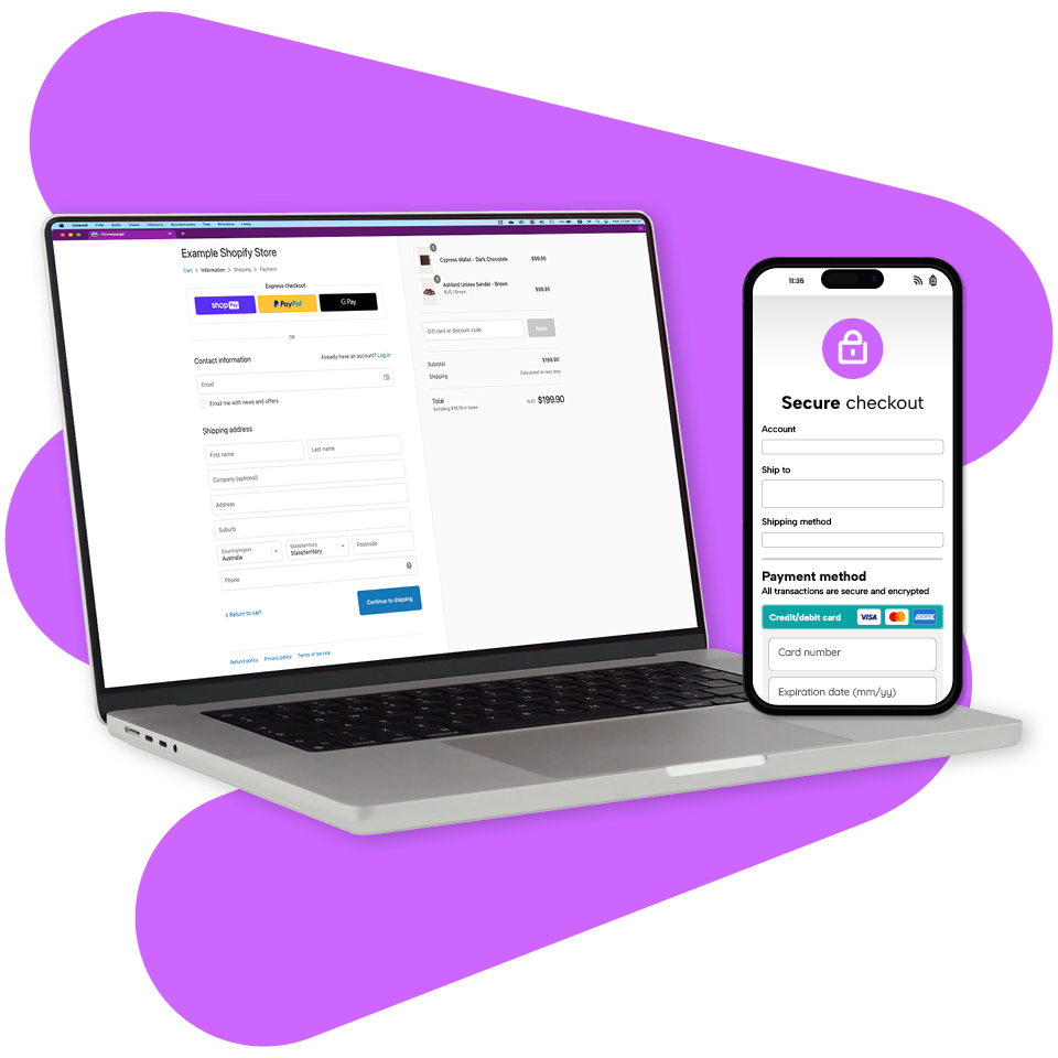 Laptop and smartphone displaying an online checkout page with secure payment options, set against a purple abstract background.