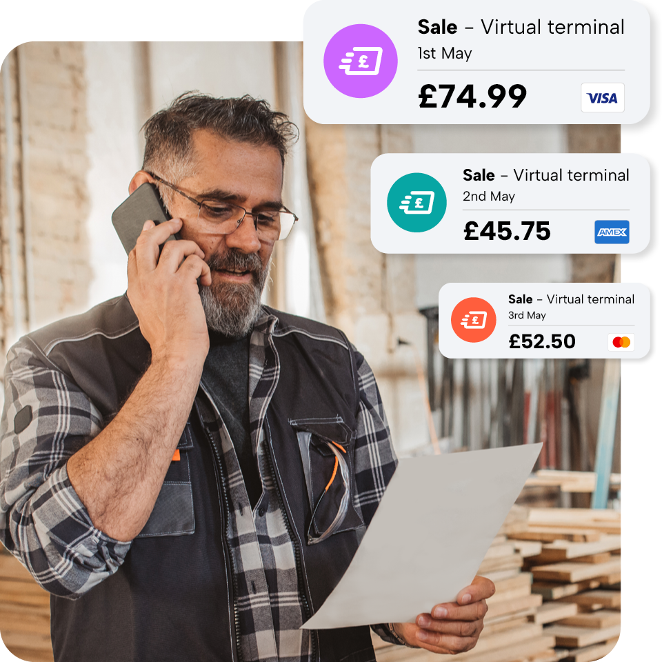 Man in workshop on phone, holding paper, with digital transaction notifications for £74.99, £45.75, and £52.50 displayed.