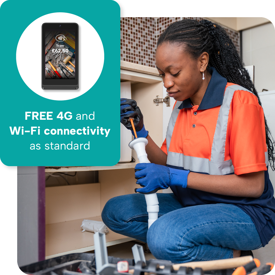 A woman in a work uniform fixes plumbing under a sink. A graphic shows "FREE 4G and Wi-Fi connectivity as standard."