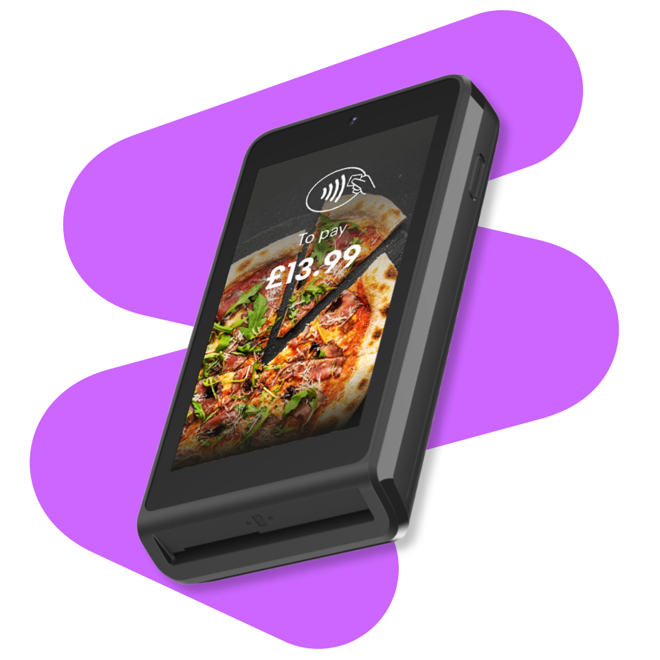 A digital payment terminal displaying a pizza image with a contactless payment symbol and the amount £13.99, set against a purple abstract background.
