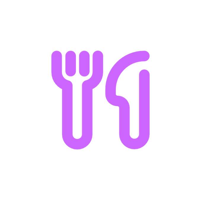 Purple fork and knife icon on a transparent background, symbolizing dining or food-related themes.