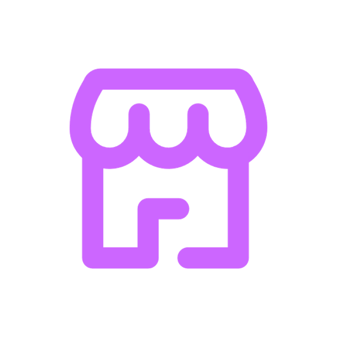 Purple line icon of a storefront with a scalloped awning and a small entrance, resembling a shop or market symbol.