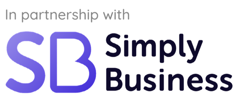 Logo with text "In partnership with Simply Business" and stylized "SB" in gradient blue and purple.