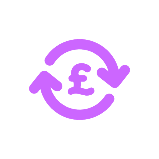 Two purple arrows form a circle around a pound symbol, indicating currency exchange or financial transaction.