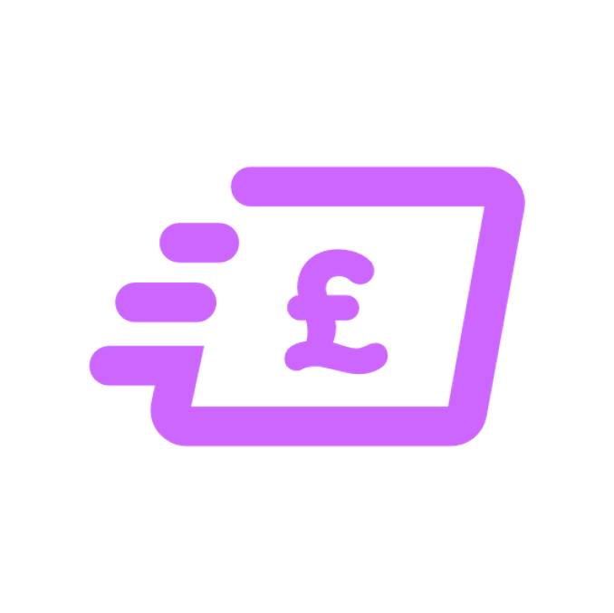 Purple icon of a fast-moving wallet with a pound symbol, indicating quick financial transactions or money transfer.